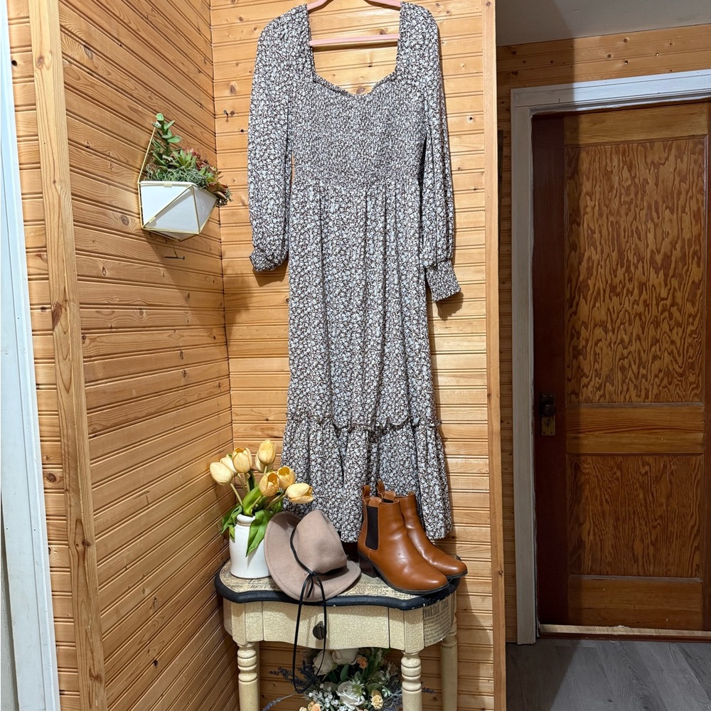 Promesa Floral Smocked Dress with Elastic Sleeves – Vintage Boho Style”